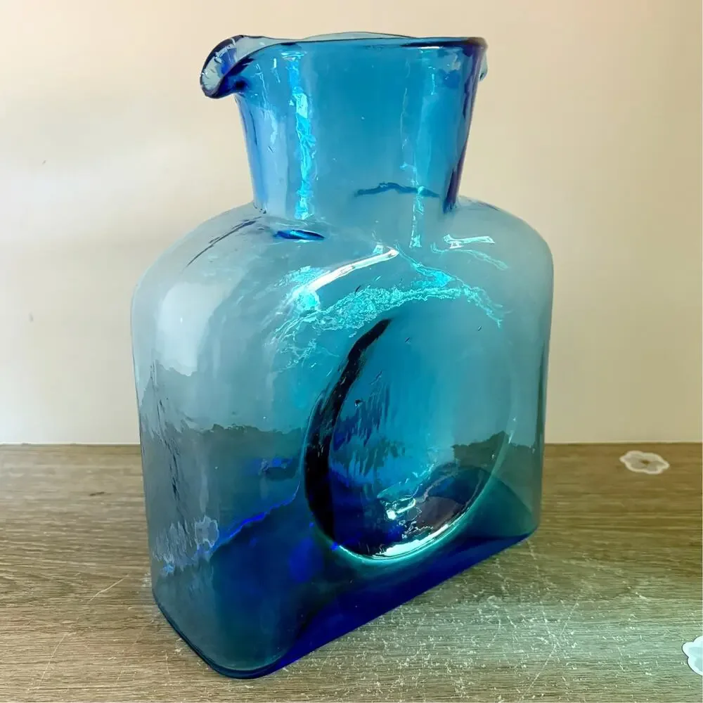 Vintage Blenko Art Glass Azure Blue Double Spout Water Bottle Pitcher Carafe 8